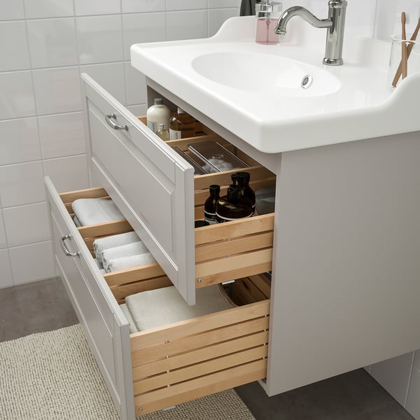 GODMORGON / RÄTTVIKEN Móveis casa de banho, conj.4, Kasjön cinz clr, Hamnskär torneira - IKEA