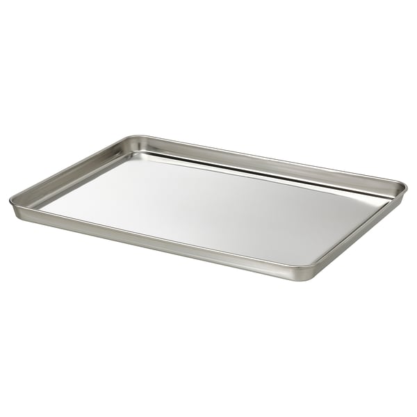 Bandeja de servir em aço inoxidável, elegante e retangular, ideal para uso ao ar livre, design durável e leve.