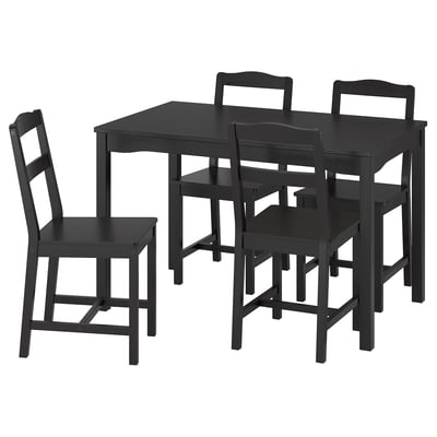 Conjunto de jantar de madeira preta com mesa quadrada e quatro cadeiras correspondentes, um design elegante ideal para espaços pequenos.