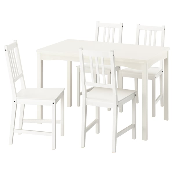 Um conjunto de jantar HAUGA branco com mesa e quatro cadeiras, feito de madeira maciça, com um design simples e tradicional.