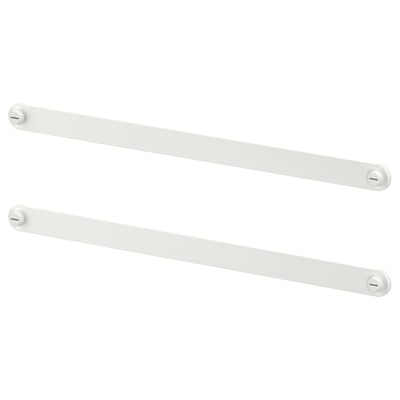 Dois trilhos de suspensão de metal branco com tampas circulares, projetados para montar organizadores.