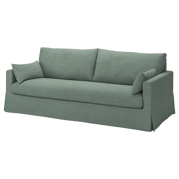 Um sofá HYLTARP verde com capa de tecido texturizado. O sofá é retangular com um design moderno, apresentando linhas limpas e almofadas confortáveis.