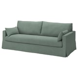 Um sofá HYLTARP verde com capa de tecido texturizado. O sofá é retangular com um design moderno, apresentando linhas limpas e almofadas confortáveis.