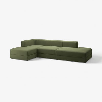 Sofá de canto verde pesado e confortável com chaise longas largas, veludo cotelê macio, linhas limpas.