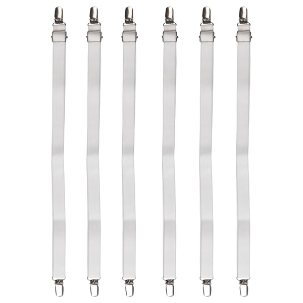 Seis tiras de lençol elástico branco com clipes de metal, garantindo que os lençóis ajustados permaneçam no lugar.