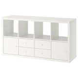 Módulo de arrumação KALLAX branco com prateleiras e gavetas. É ideal para organizar espaços, apresentando um design modular.