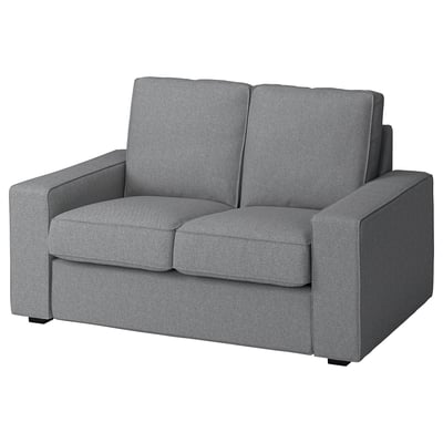 Sofá compacto em tecido cinza, design moderno, confortável e elegante.
