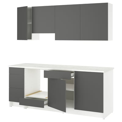 Armários de cozinha modernos cinza e branco com gavetas, portas, prateleiras.