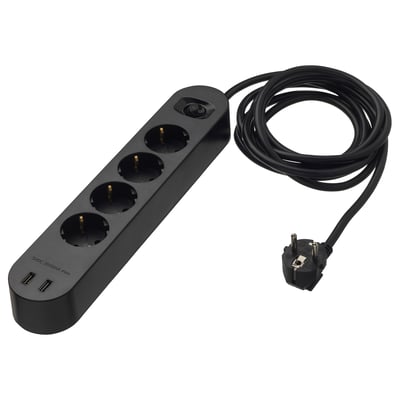 Protetor contra surtos preto KOPPLA - 4 tomadas, 2 usb