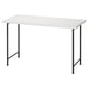 Uma secretária branca moderna com pernas de metal preto, design elegante e minimalista.