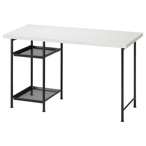 LAGKAPTEN secretária, tampo branco, pernas de metal preto, rede de arrumação.
