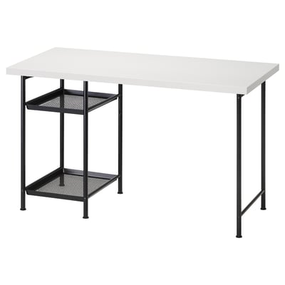 LAGKAPTEN secretária, tampo branco, pernas de metal preto, rede de arrumação.
