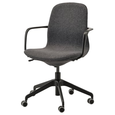 LÅNGFJÄLL cadeira de escritório em tecido cinzento escuro. Base cinco estrelas com rodas. Assento e encosto acolchoados para maior conforto. Braços e estrutura de metal preto.