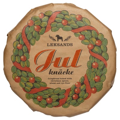 Caixa de papelão redonda de pão crocante leksands julknäcke, com um design de guirlanda de férias.