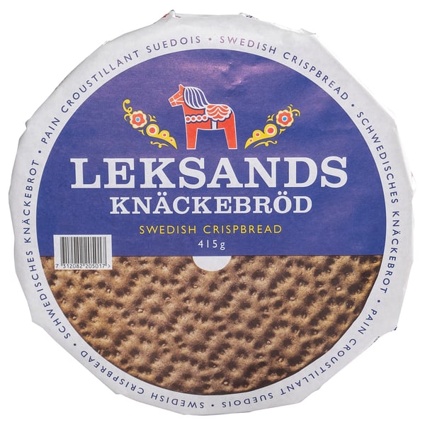 Embalagem LEKSANDS KNÄCKEBRÖD, imagem do produto de pão crocante sueco.