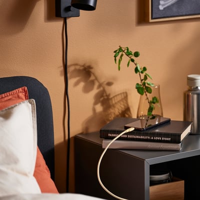 Quarto aconchegante com lâmpada, planta, livros e cabo de carregamento.