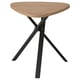 Tampo de mesa de madeira com tripé de metal preto, design anti-impressão digital, para espaços pequenos.