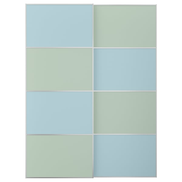 Um par de portas de vidro deslizantes azul claro e verde, alinhadas verticalmente com um design moderno.
