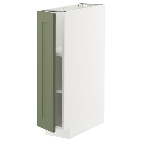 Esta imagem é um armário METOD branco com uma porta de machado verde; é retangular com um design moderno e inclui uma prateleira.