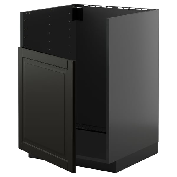 Armário de cozinha preto, design moderno, forma quadrada com telas planas, parte do sistema METOD.