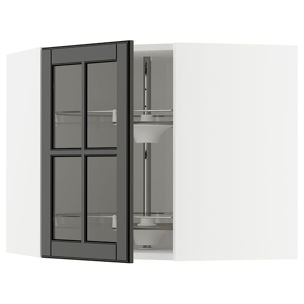 Armário de cozinha moderno com portas de vidro; preto, retangular, design de 4 painéis, com prateleiras ajustáveis no interior.
