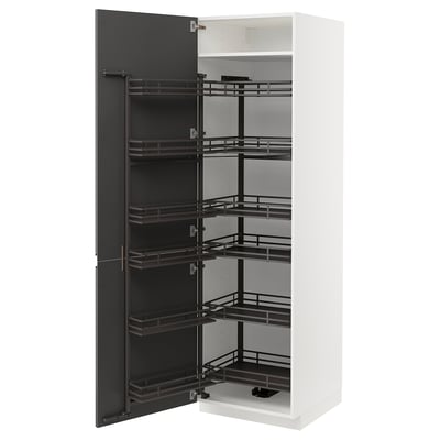 Armário de cozinha moderno branco e cinzento escuro com várias prateleiras de arrumação extraíveis, com puxadores de metal elegantes e uma forma retangular fina.