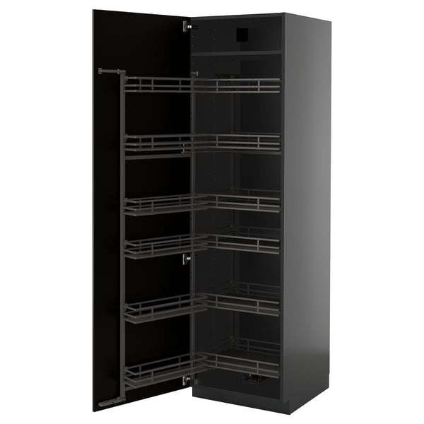 Armário de cozinha preto com várias prateleiras e arrumação extraível com um design moderno.
