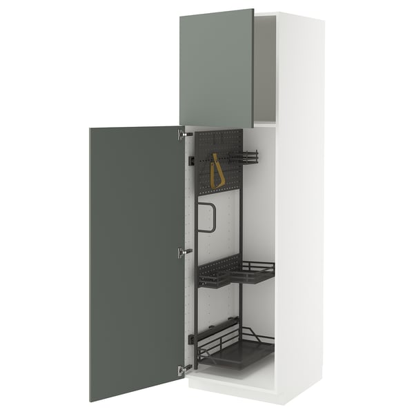 Móvel de cozinha METOD com portas verde-acinzentadas, design moderno, organizadores extraíveis.