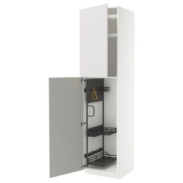Armário de cozinha METOD branco com porta cinzenta brilhante, interior metálico, prateleiras reguláveis.