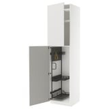 Armário de cozinha METOD branco com porta cinzenta brilhante, interior metálico, prateleiras reguláveis.