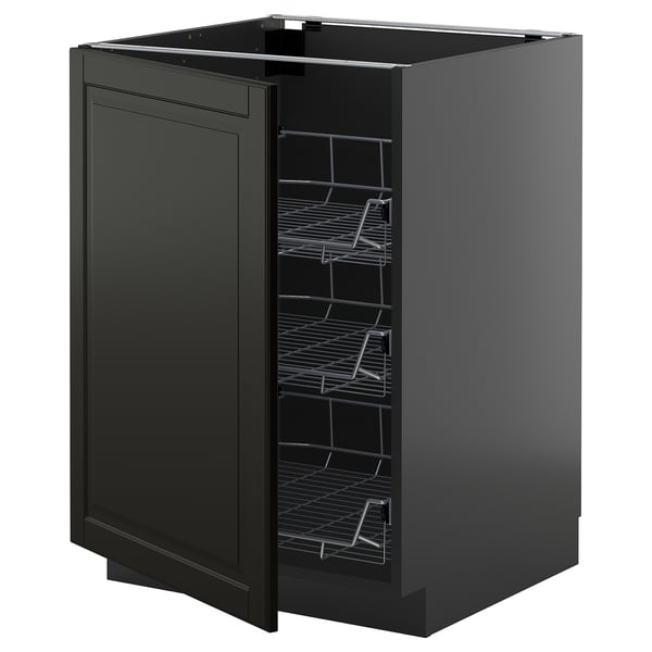 Armário de cozinha preto com racks de arame extraíveis. Design moderno e elegante com bordas chanfradas. Parte do sistema de cozinha METOD.