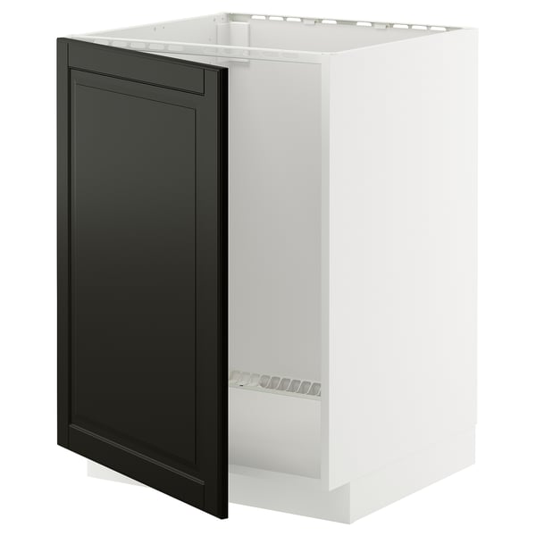 Um armário de cozinha METOD com uma porta bodbyn preta, com um design de rebordo biselado. O armário é branco e tem uma forma retangular.