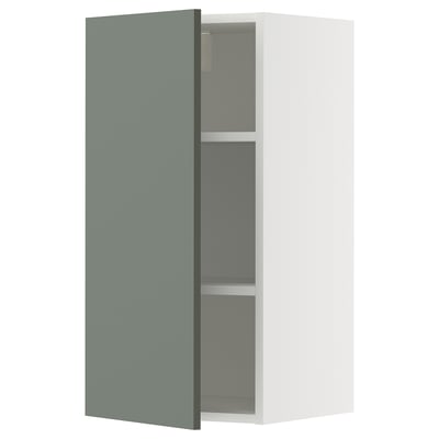 Armário de cozinha moderno com porta cinza-verde, prateleira ajustável e porta articulada. Exterior branco, design minimalista.