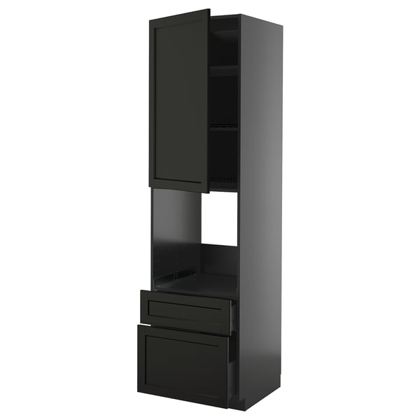 Armário de cozinha preto com prateleiras e gavetas, design moderno e elegante.