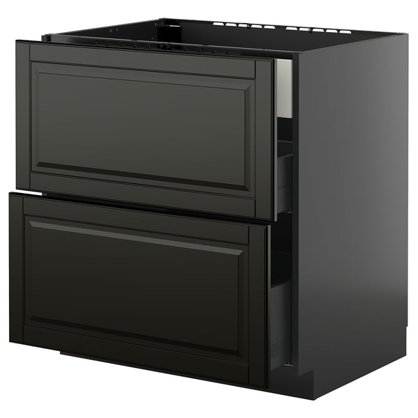 Armário de cozinha moderno preto com duas gavetas grandes e design elegante.