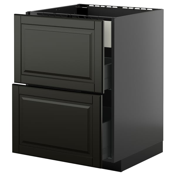 Unidade de cozinha METOD preta com portas bodbyn chanfradas, com gavetas e prateleira.