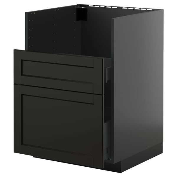 Armário de cozinha preto com gaveta, design moderno.
