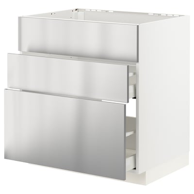 Armário de cozinha moderno em aço inoxidável com três gavetas, design elegante da ikea.