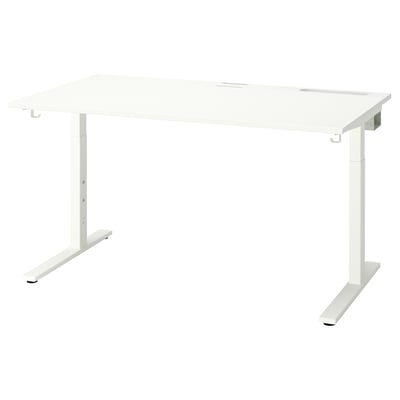 Secretária branca MITTZON: design moderno, ajustável em altura e minimalista. Tampo retangular, pernas de metal branco, funcional.