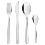 Talheres de aço inoxidável polido: garfo, faca, colheres grandes e pequenas. Design elegante e moderno.