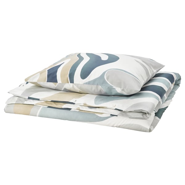 Conjunto de capa de edredão MYGGLASVINGE em azul e bege com padrões de folhas, feito de 80% algodão, 20% viscose.