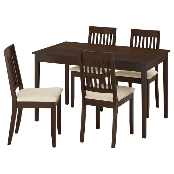 Conjunto de jantar de 4 lugares em madeira escura com cadeiras almofadadas, design simples e moderno.