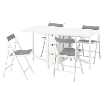Conjunto de jantar NORDEN branco: mesa gateleg, 4 cadeiras dobráveis, almofadas cinza, gavetas de armazenamento.