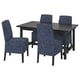 Mesa de jantar de metal preto com quatro cadeiras florais azuis.