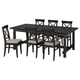 Mesa de jantar extensível preta com seis cadeiras correspondentes, formato quadrado, design x-back, assentos acolchoados.