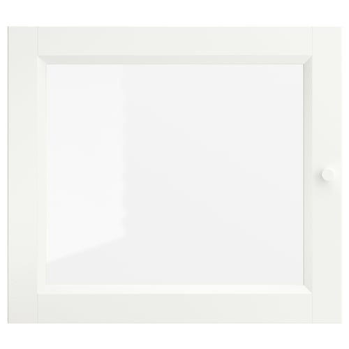 Uma porta OXBERG branca com um painel de vidro. É uma dobradiça ajustável e um design elegante e moderno.