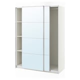 Roupeiro ikea PAX branco com portas de correr espelhadas, estrutura metálica e portas de vidro.