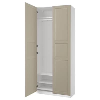 Roupeiro PAX: portas altas, bege, minimalistas, bege, materiais de madeira, moldura estreita, dobradiças com fecho suave.