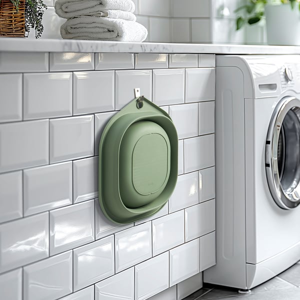 Banheira dobrável verde PEPPRIG na parede de azulejos na lavanderia, ao lado da máquina de lavar.