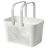 Apresenta um cesto de duche RÅNEN branco com pegas dobráveis feitas de plástico resistente. Os orifícios laterais da cesta para ventilação e drenagem.
